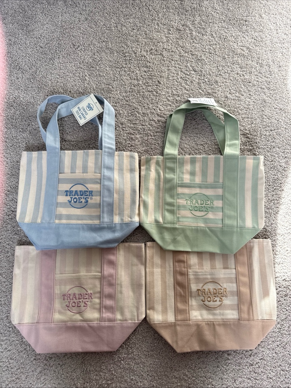 Trader Joe's Striped Mini Canvas Tote Bag 4 Color Set NWT Pink Blue Green Beige